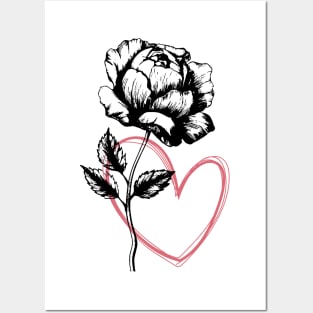 Rose Flower with Heart Black And White Botanical Illustration Posters and Art